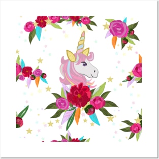 Unicorn with colorful roses Posters and Art